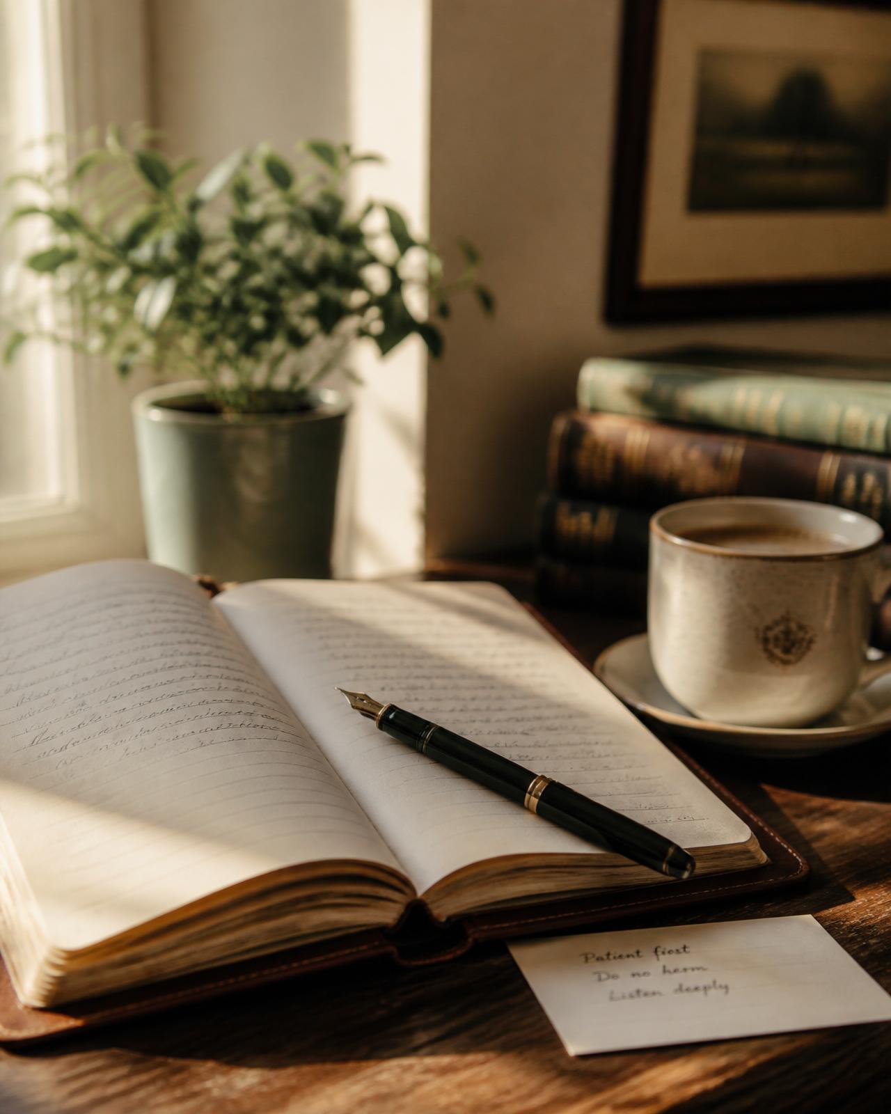 An open journal, fountain pen, and coffee on Dr. King's desk in warm morning light